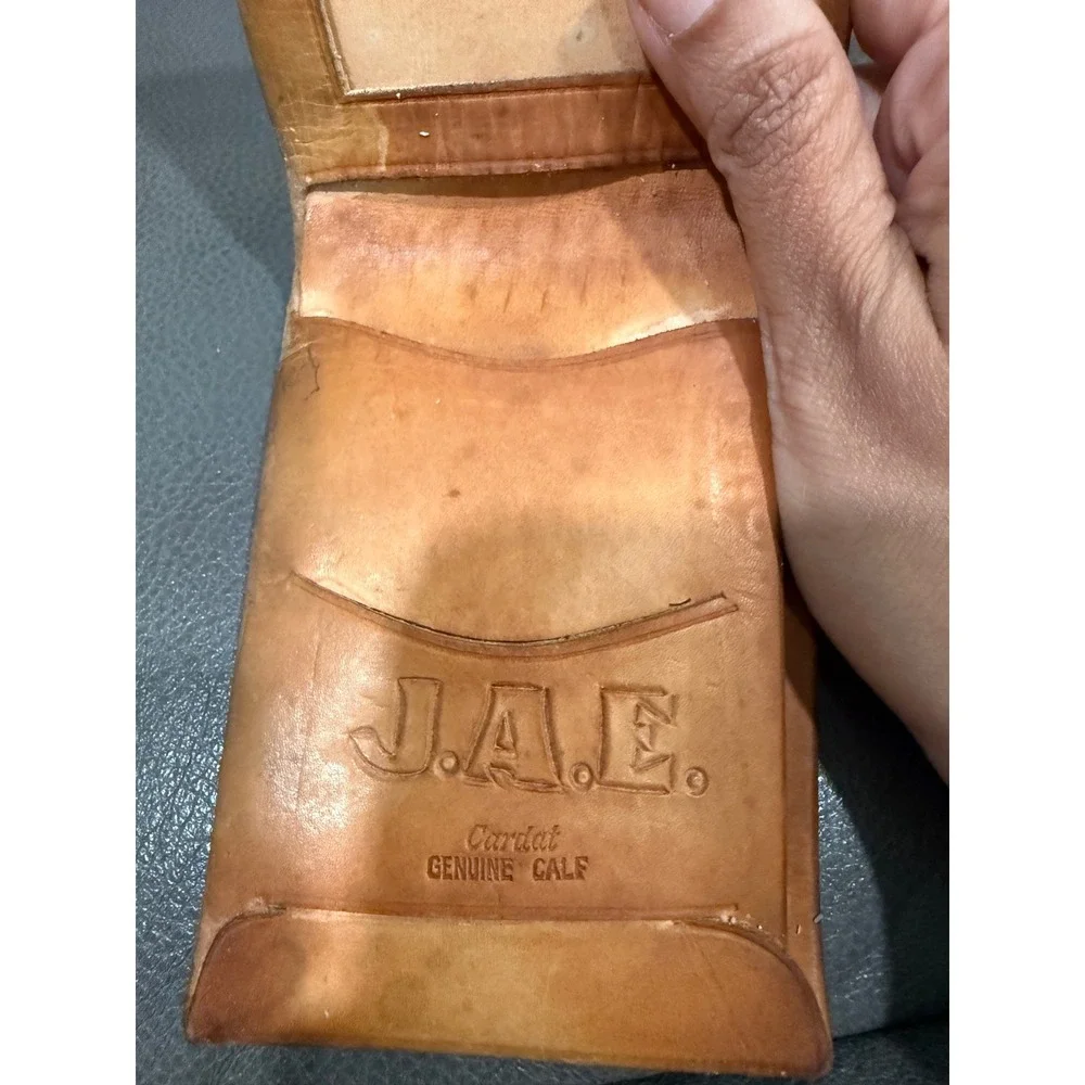Vintage Cardat Hand Tooled Genuine Calf Leather Bifold Wallet Floral Tan JAE